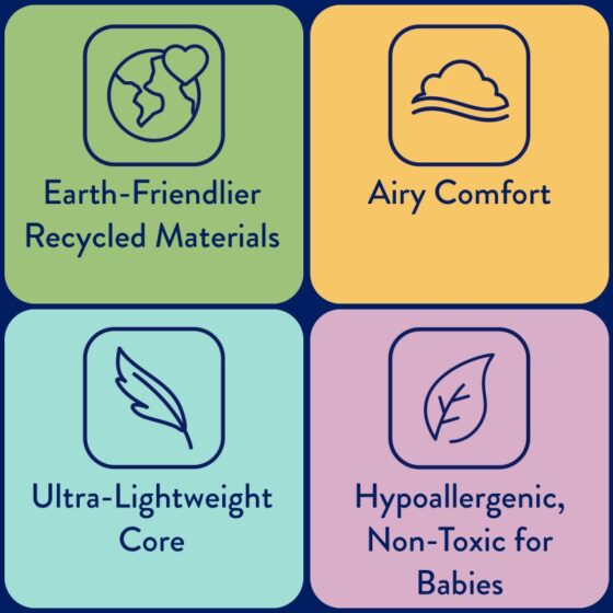 Earth-friendlier materials, airy comfort, lightweight core, hypoallergenic