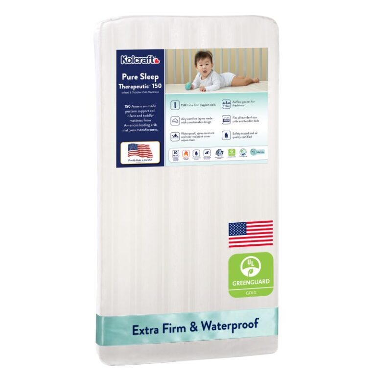 Kolcraft Pure Sleep Therapeutic 150 Crib Mattress 150 steel coils firm support Perma-Dri waterproof cover GREENGUARD Gold 10 year warranty