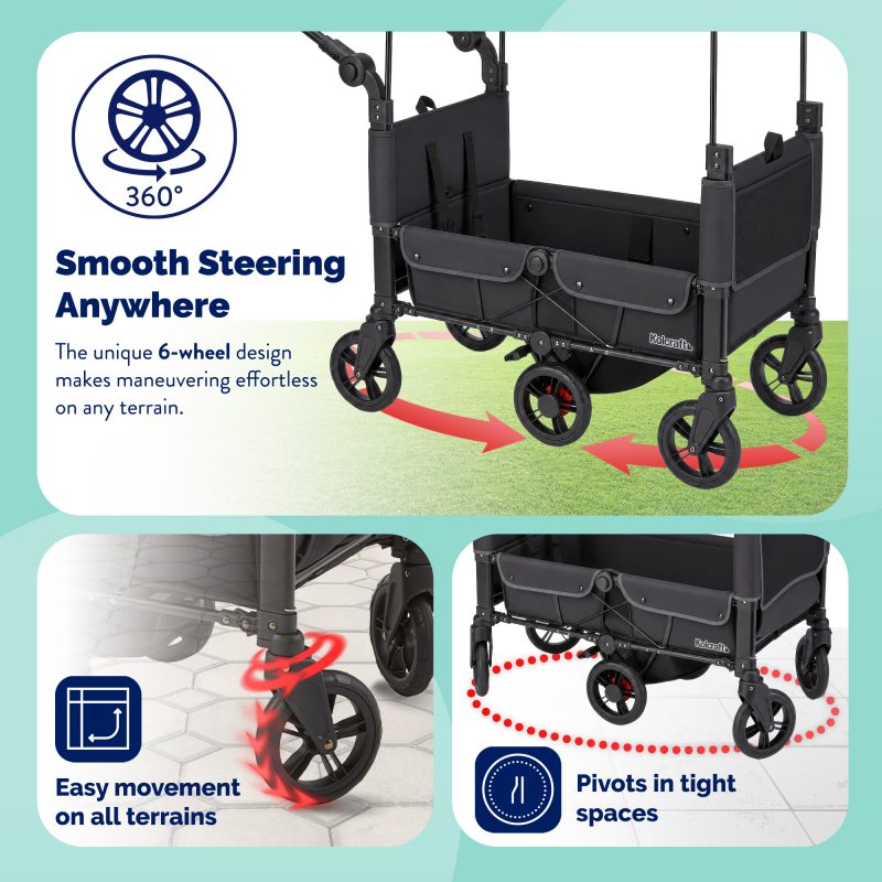 Kolcraft Cloud 360 Plus Stroller Wagon smooth steering easy glide wheels shock absorbing chassis center brake
